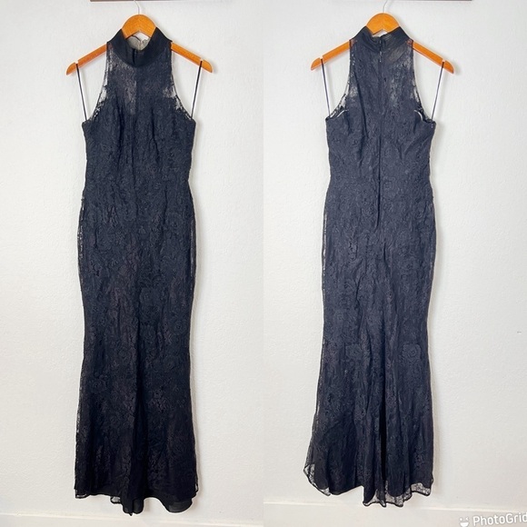 Badgley Mischka Black Lace Column Gown - Picture 2 of 7